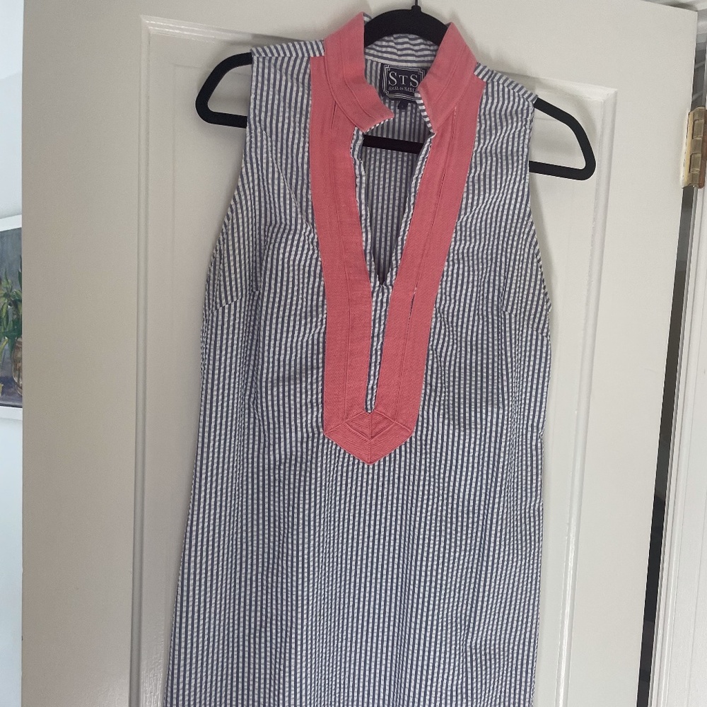 Sail to Sable blue and white striped Seersucker maxi  dress with a pink collar
